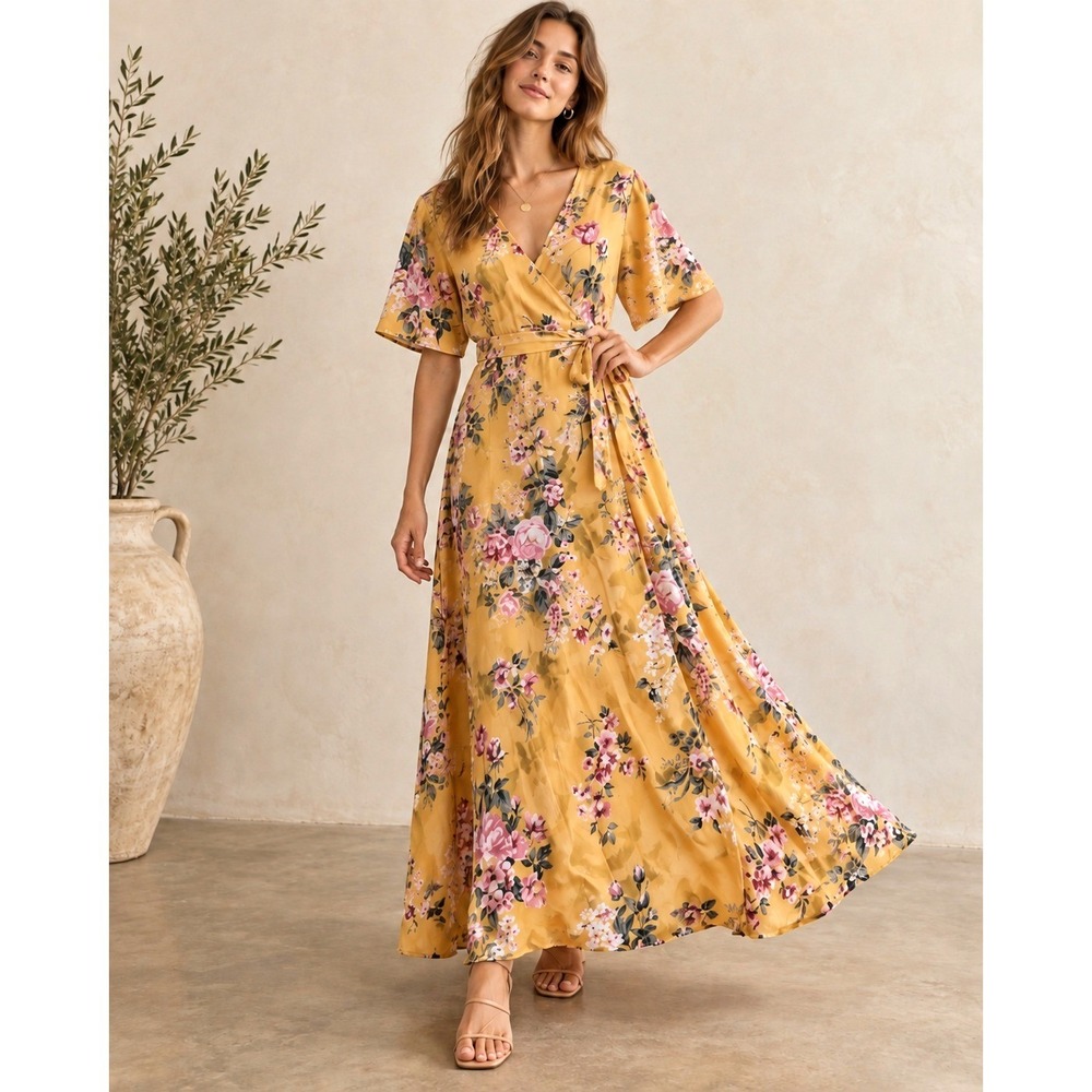 Reformation Winslow "Angelica" Floral Wrap Maxi Dress Womens Medium Yellow Pink